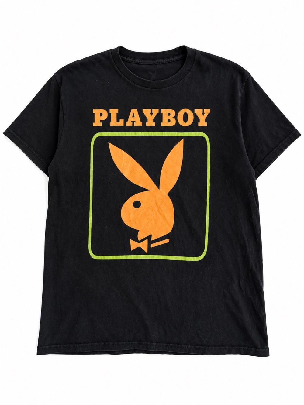Playboy Men’s Large Black Orange Green Bunny Logo Graphic Tee Y2K Streetwear